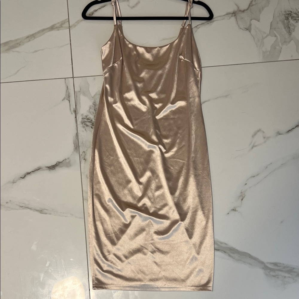Fashion Nova Satin Midi Dress in Champagne